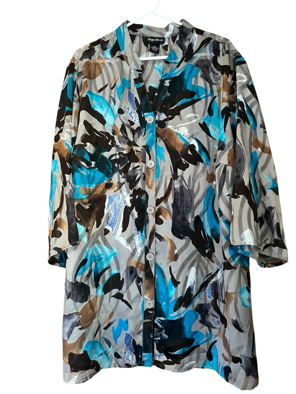Maggie Barnes Teal, Brown & Gray Abstract Floral Button-Front size 2XBlouse L336